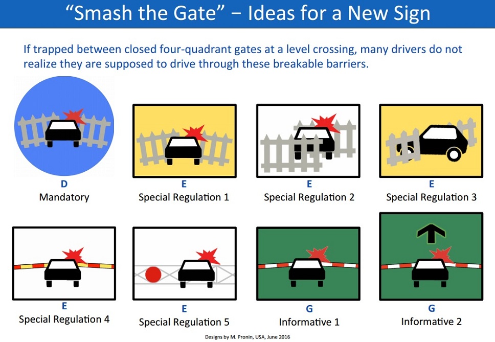 Предварительные эскизы знака, разрешающего водителям сбивать шлагбаум при приближении поезда, если автомобиль оказался запертым на переезде