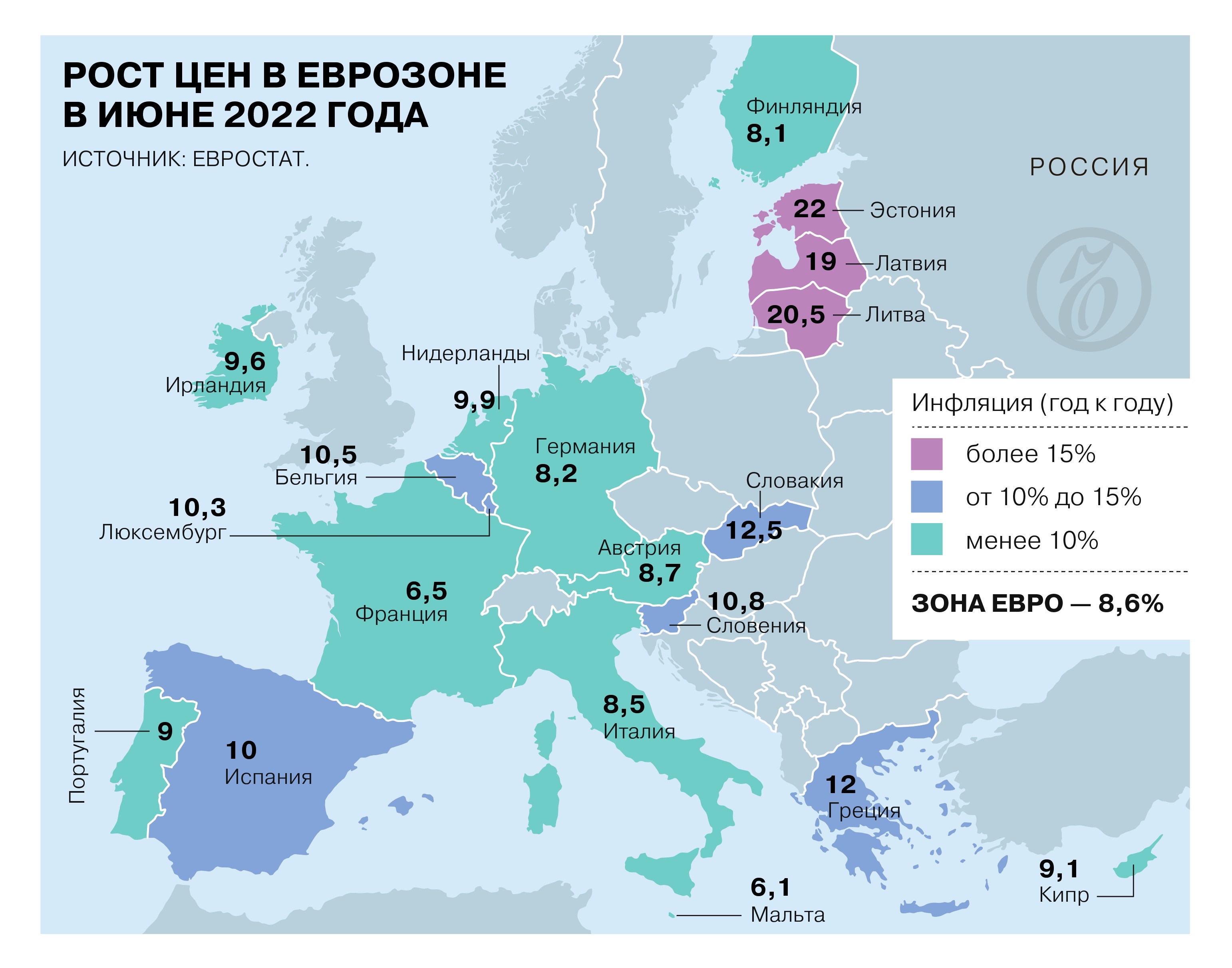 В еврозону входят 19 стран: Бельгия, Германия, Эстония, Ирландия, Греция, Испания, Франция, Италия, Кипр, Латвия, Литва, Люксембург, Мальта, Нидерланды, Австрия, Португалия, Словения, Словакия и Финляндия.