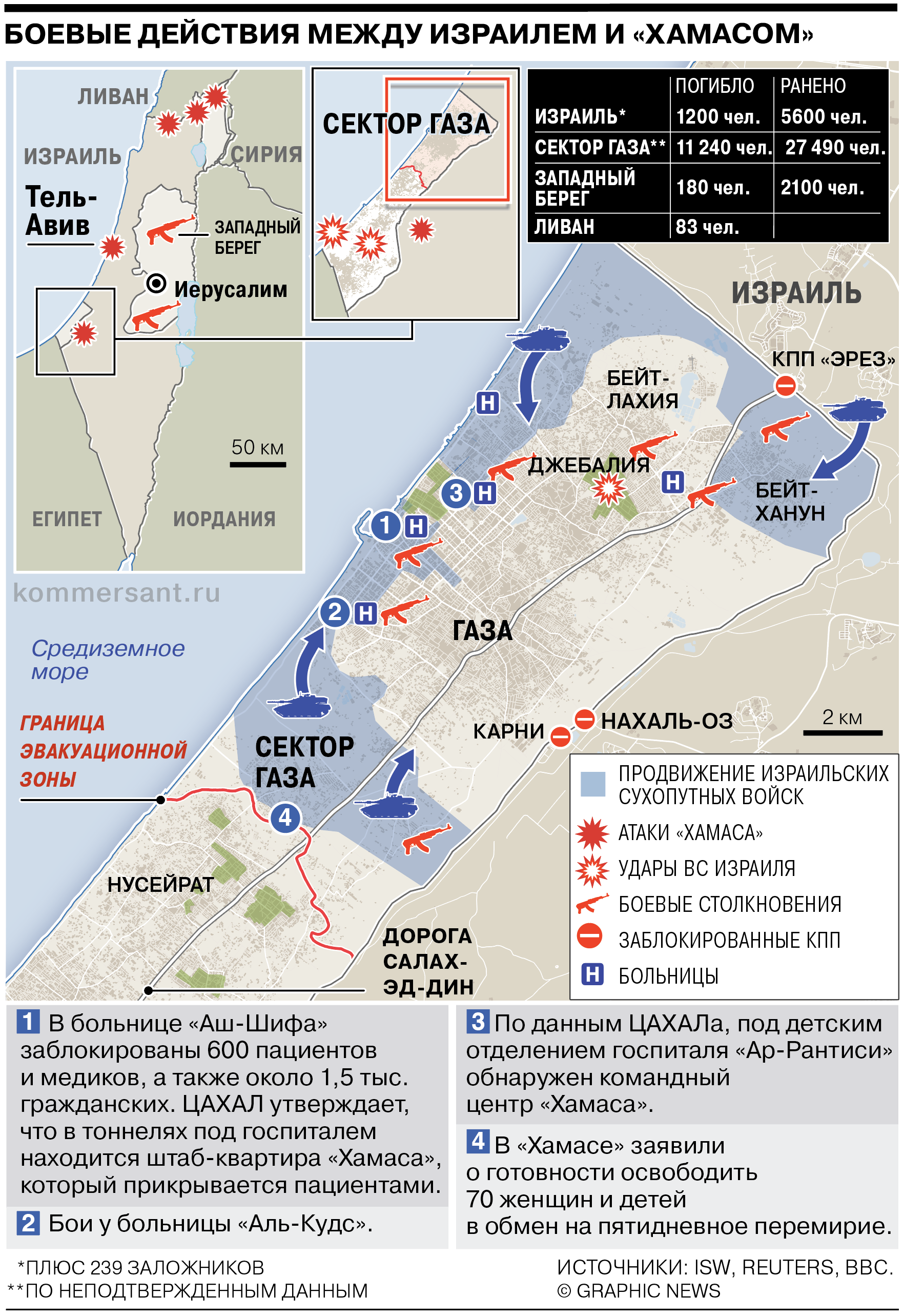 Карта боевых действий в секторе Газа на 14 ноября 2023 года - Коммерсантъ