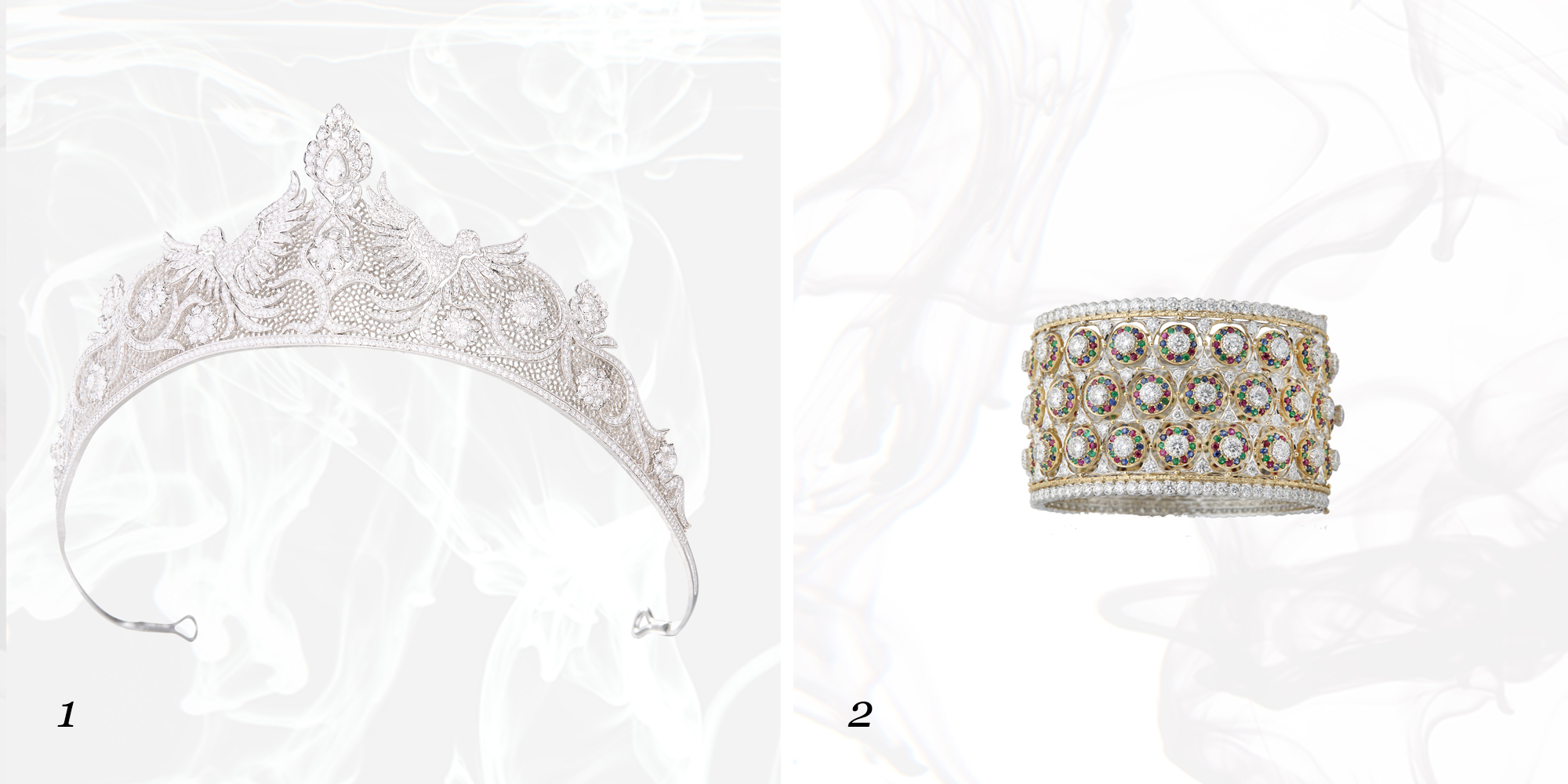 1) Buccellati, тиара Gran Tiara, белое золото, бриллианты; 
2) Buccellati, браслет Joie de Vivre, желтое и белое золото, бриллианты, рубины, сапфиры, изумруды;