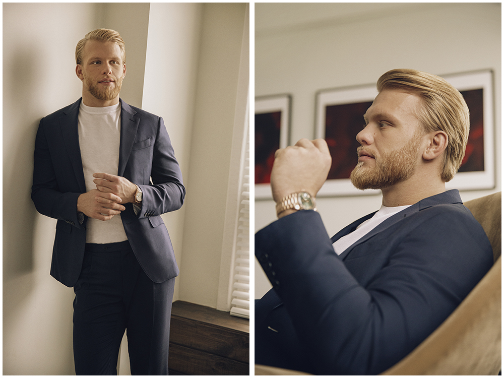 Пиджак и брюки Ermenegildo Zegna Exclusively For Andrey Kupreev, футболка Ermenegildo Zegna,  часы Rolex Day-Date 40 мм в корпусе и на браслете из розового золота, ЦУМ