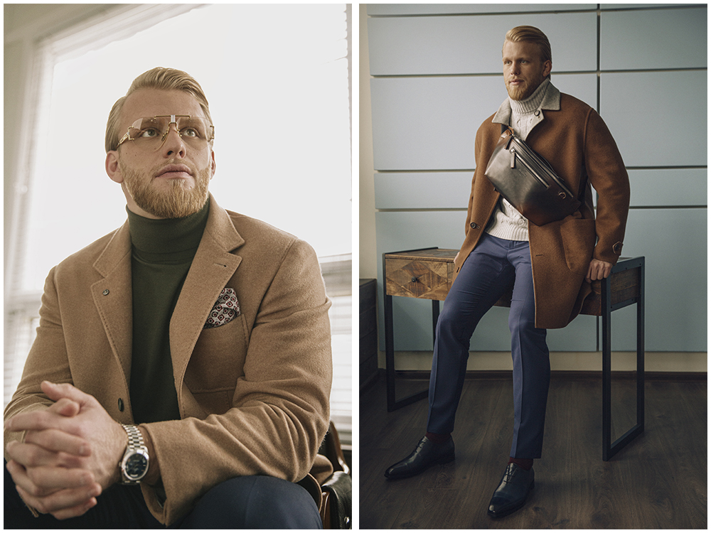 Слева: пальто и платок-паше Brunello Cucinelli, водолазка Dsquared2, брюки Ermenegildo Zegna Exclusively For Andrey Kupreev, очки Celine, часы Rolex Day-Date 40 мм в корпусе и на браслете из белого золота; справа: пальто и свитер Brunello Cucinelli, брюки Ermenegildo Zegna Exclusively For Andrey Kupreev, оксфорды Berluti, напоясная сумка Berluti, ЦУМ