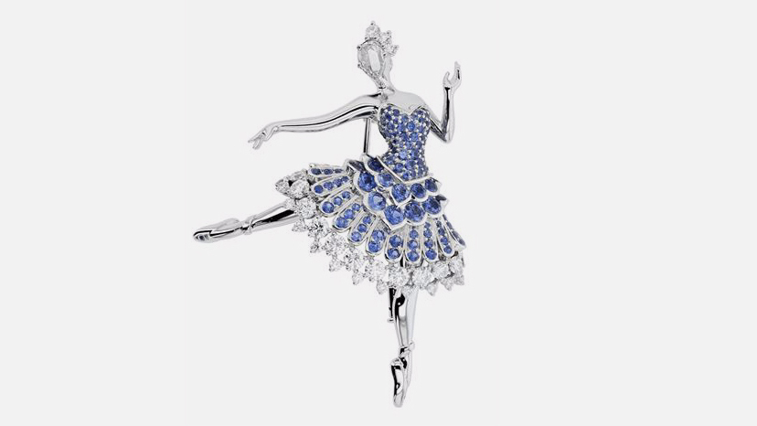 Van Cleef & Arpels, брошь Cardinal Bleu Ballerina, белое золото, сапфиры, бриллианты