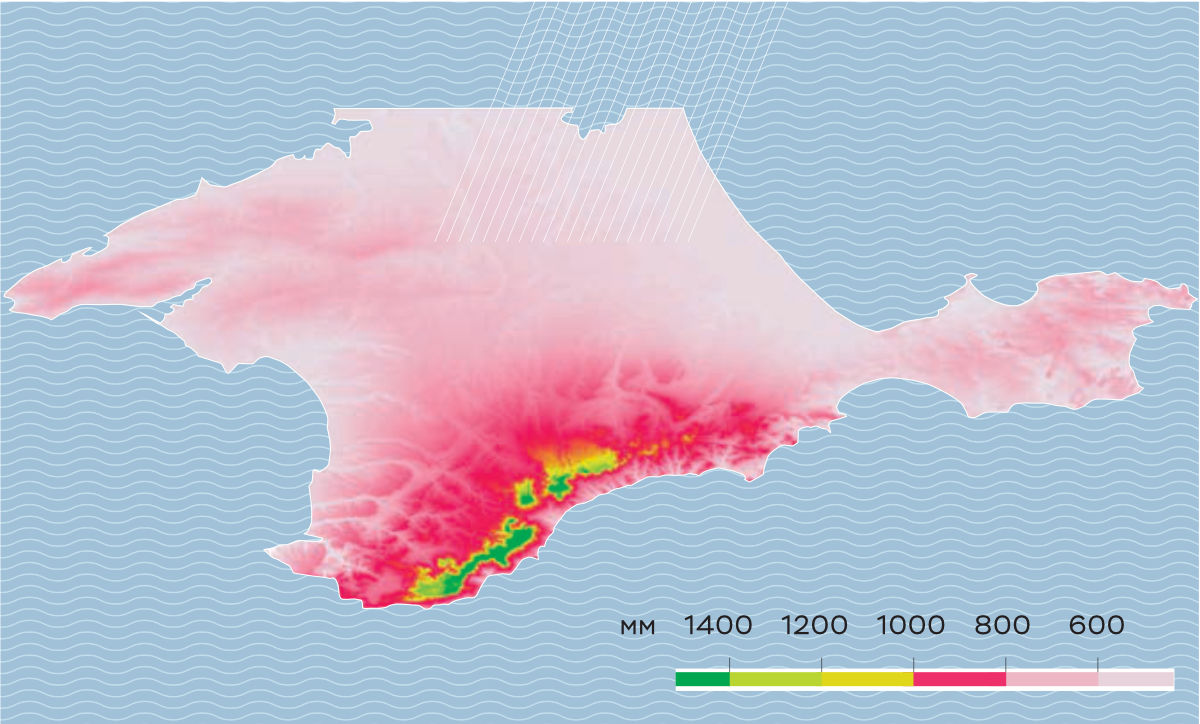Карта распределения нормы годового количества осадков (в мм) на территории Крымского полуострова
