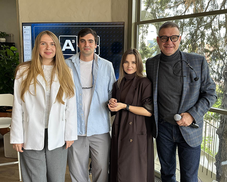 Грета и Владимир Зубко — основатели дизайнерского бюро "Согрет", Ярославна Кулиш — бизнес-коуч, наставник, руководитель подразделения КубА Junior; Алексей Пшеничный — сооснователь Клуба КубА, основатель группы компаний «Высшая Лига»