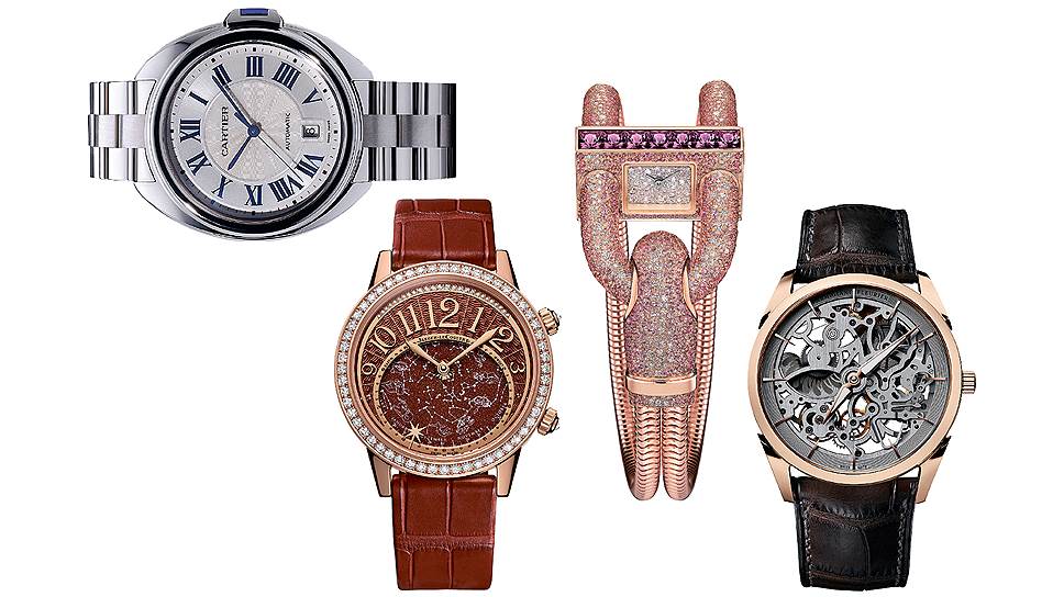 Слева направо: &amp;#65532;Cartier, Cle de Cartier; Jaeger-LeCoultre, Rendez-Vous Celestial; Van Cleef &amp; Arpels, Cadenas Pavee Saphirs Roses; Parmigiani, Tonda 1950 Squelette