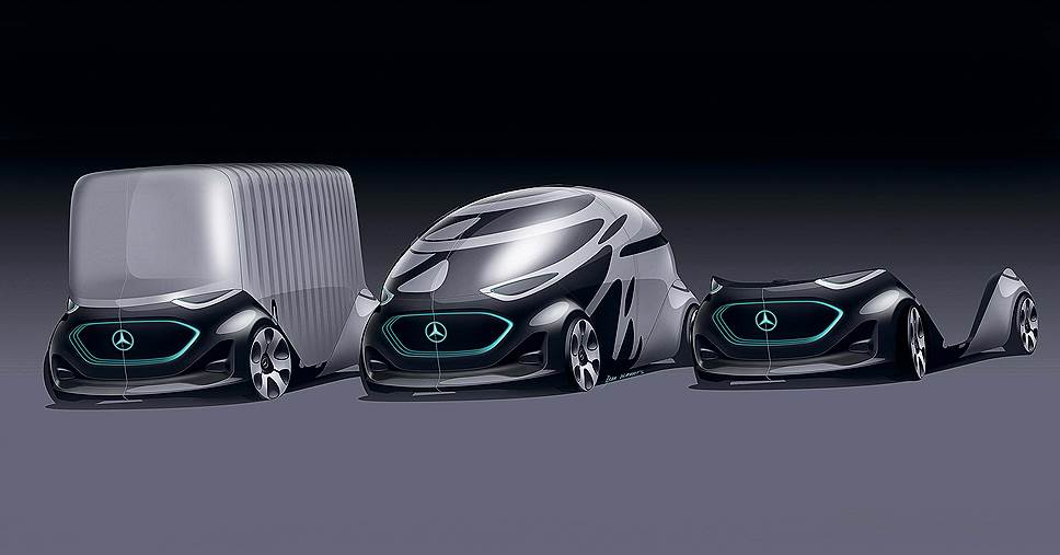 Mercedes-Benz Vision Urbanetic. В реальности это внушительная пятиметровая штуковина высотой с маршрутку. Пассажирский модуль на десятерых, внутри спартанская пустота и скругленный диван у борта. Фургон объемом в десять кубометров наполнен боксами с ячейками для небольших посылок, что сразу наводит на мысль об адресной доставке интернет-заказов.