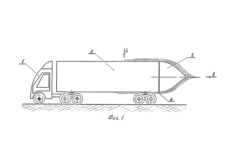 Самой безупречной с точки зрения аэродинамики формой считается капля. С помощью такой вот нахлобучки на заднюю часть фуры автор изобретения предлагала сделать грузовик более экономичным.