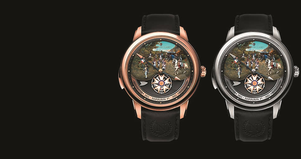 Знаменитая швейцарская фирма Christophe Claret тоже отдала дань уважения Наполеону, выпустив хронографы, на циферблате которых предстают сцены из сражений с анимированными персонажами.