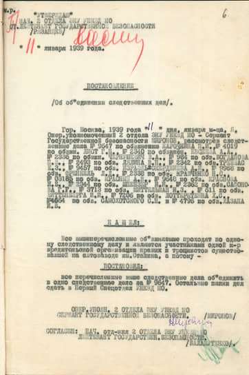 Постановление от 11 января 1939 года об объединении 19 следственных дел, поскольку все обвиняемые — участники «одной контрреволюционной вредительской организации правых и троцкистов». В том же 1939 году всех из списка выпустят на свободу