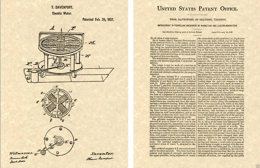 25 февраля 1837 года кузнец из Вермонта и изобретатель-самоучка Томас Дэвенпорт получил патент на электродвигатель.