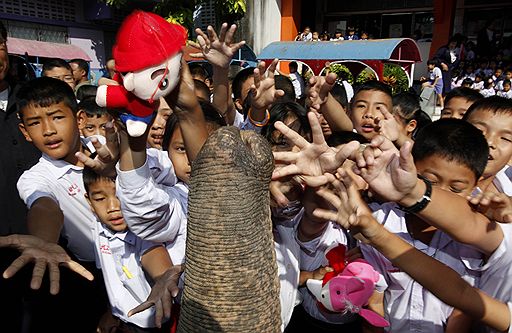 23.12.2009 Дерессированный слон, одетый как Санта Клаус, выступил для студентов во время празднования Рождества недалеко от Бангкока