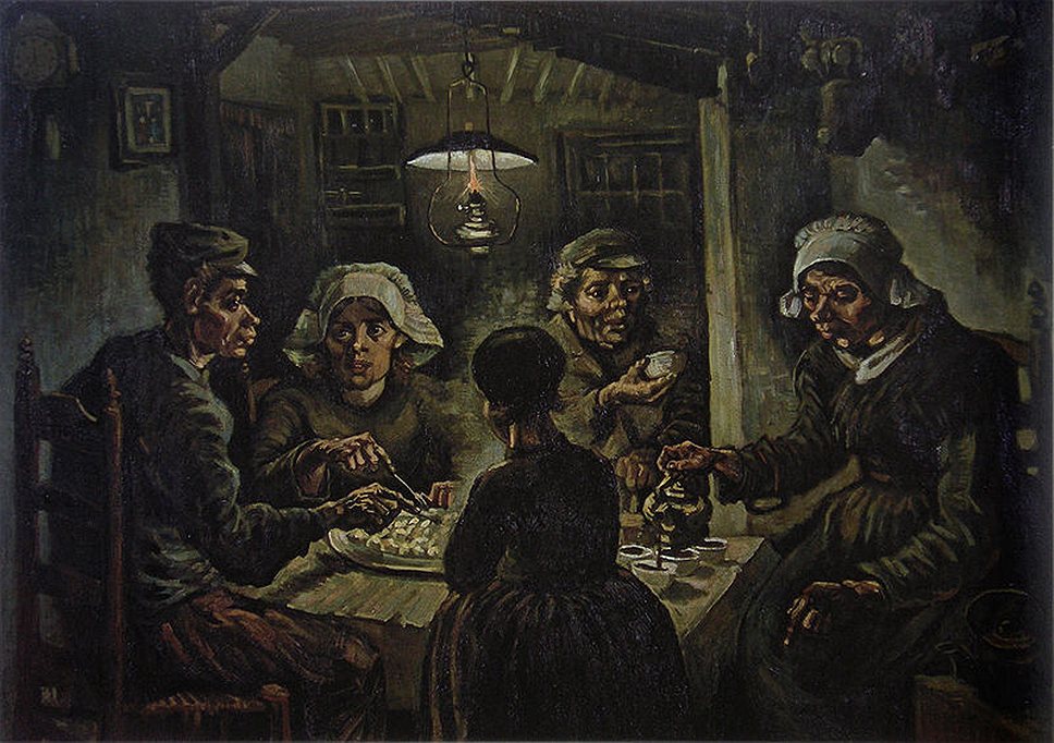 Картина &quot;Едоки картофеля&quot; (1885 год). &quot;В ней я старался подчеркнуть, что эти люди, поедающие свой картофель при свете лампы, теми же руками, которые они протягивают к блюду, копали землю; таким образом, полотно говорит о тяжелом труде и о том, что персонажи честно заработали свою еду&quot;, -- говорил художник о своей картине