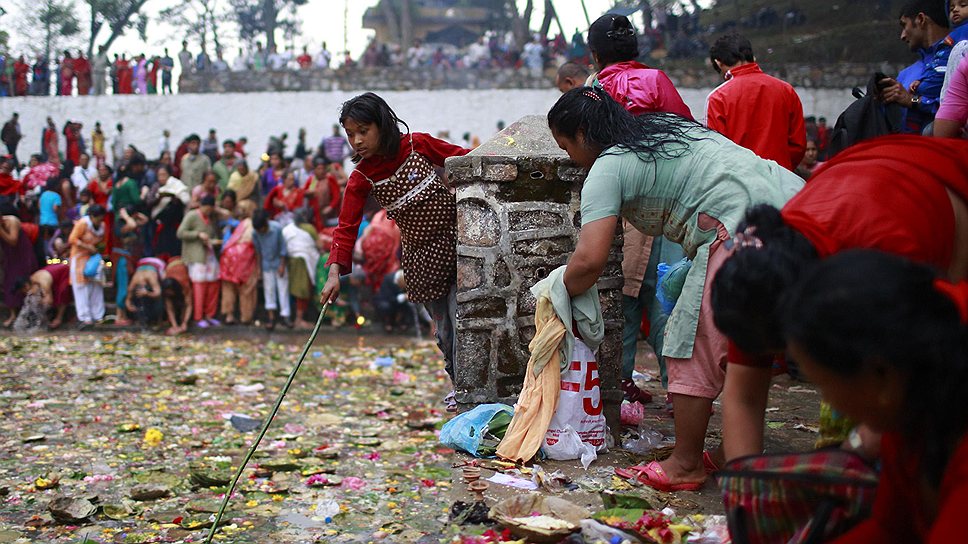 Девушка вылавливает монеты из пруда Мататхире в Катманду в День матери во время ритуального отпевания погибших матерей