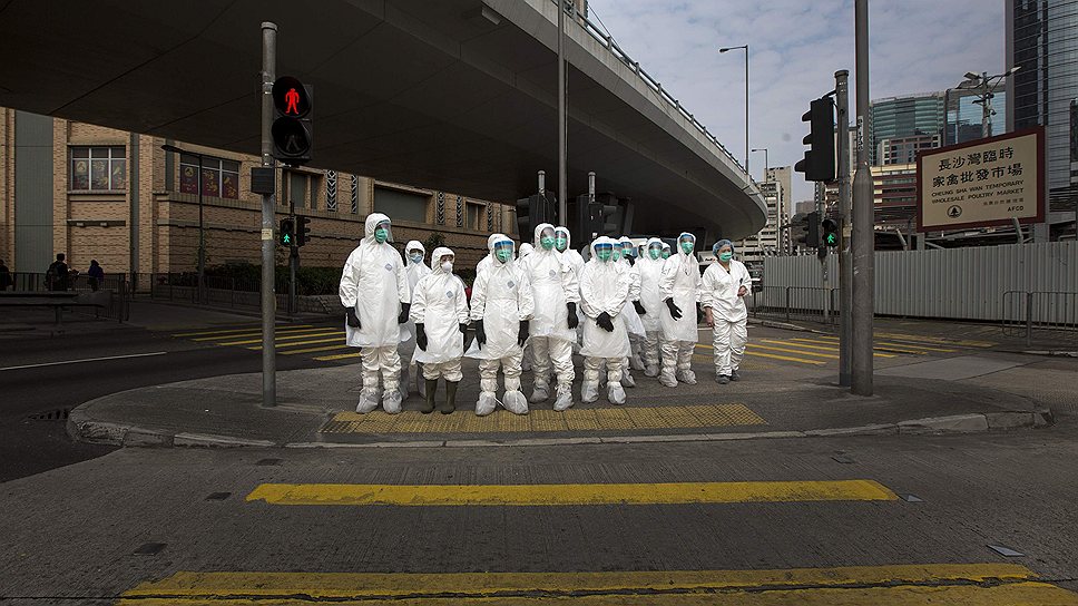 Сотрудники министерства здравоохранения перед началом операции уничтожения 20000 кур на оптовом рынке в Гонконге в связи с обнаружением вируса птичьего гриппа H7N9
