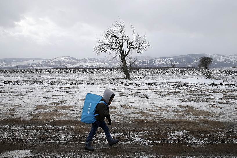 Деревня Миратовак, Сербия. Ребенок мигрантов идет по дороге после пересечения границы с Македонией
