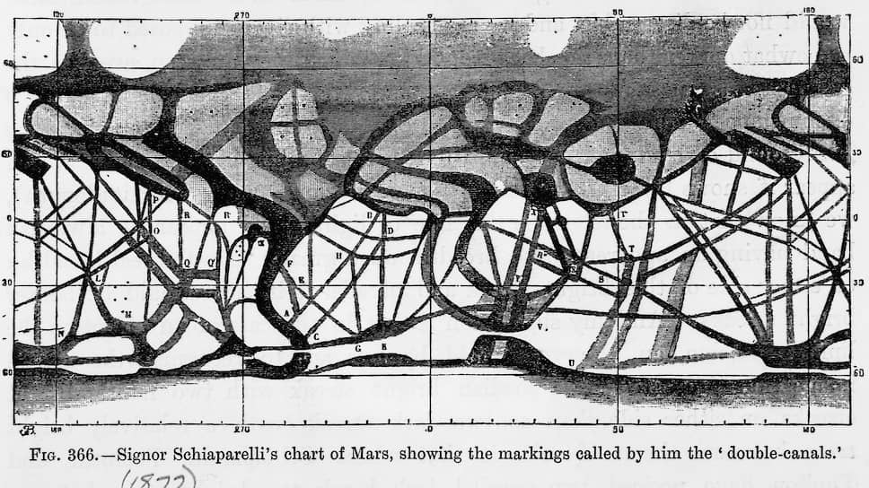 В конце XIX века итальянец Джованни Скиапарелли при составлении карт Марса (на фото) разработал существующую ныне систему обозначения объектов на поверхности планеты. В частности, на этих картах в виде тонких линий были указаны каналы, искусственное происхождение которых впоследствии продвигал американский востоковед Персиваль Лоуэлл. Его псевдонаучная теория о существовании на Марсе высокоразвитой цивилизации не была принята современниками, но оказала большое влияние на массовую культуру