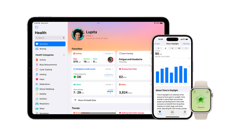 Компания представила новую операционную систему iPadOS 17 для своих планшетов. Впервые на устройстве появится приложение «Здоровье» (на фото), данные в нём будут синхронизироваться с другими устройствами Apple  