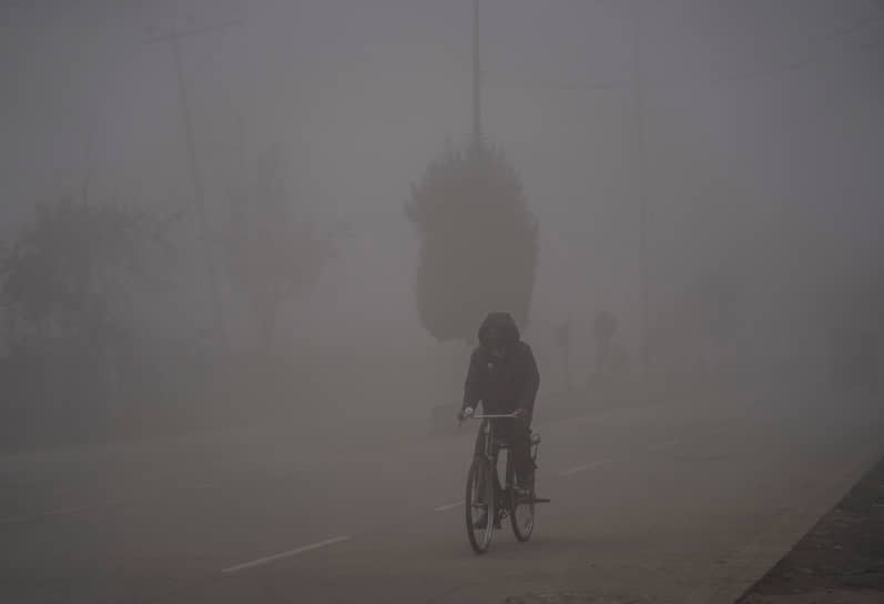 Сринагар, Индия. Велосипедист едет в тумане