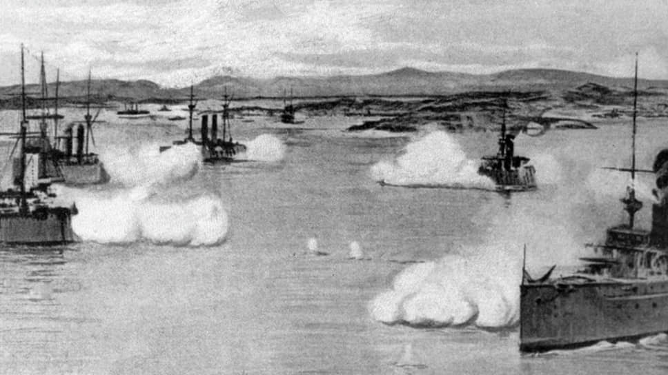 Крейсер «Варяг» и канонерская лодка «Кореец» ведут бой с японской эскадрой 9 февраля (27 января) 1904 года