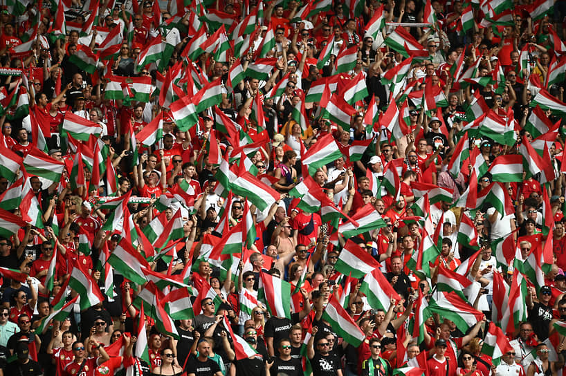 Болельщики размахивают флагами Венгрии на матче против Германии