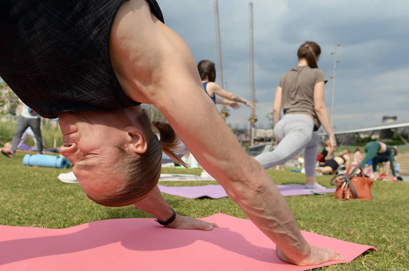 Групповое занятие йогой в рамках V Международного фестиваля йоги в московском парке «Зарядье» в июне 2019 года