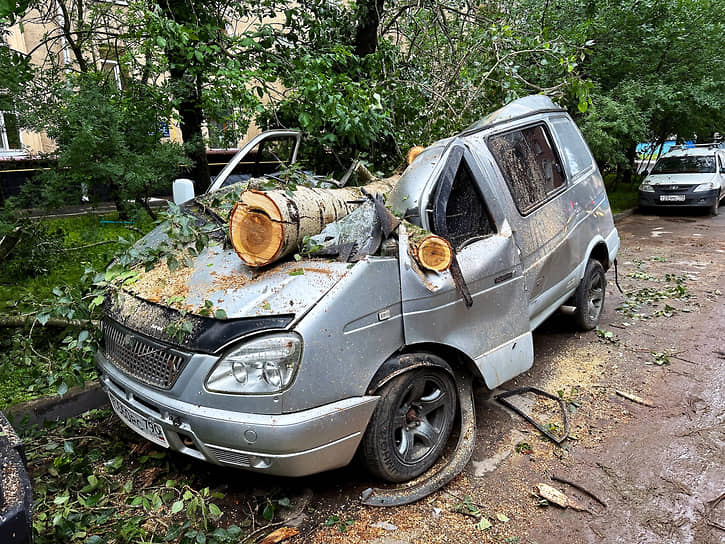 Москва, Россия. Упавшее на автомобиль дерево после урагана в Москве