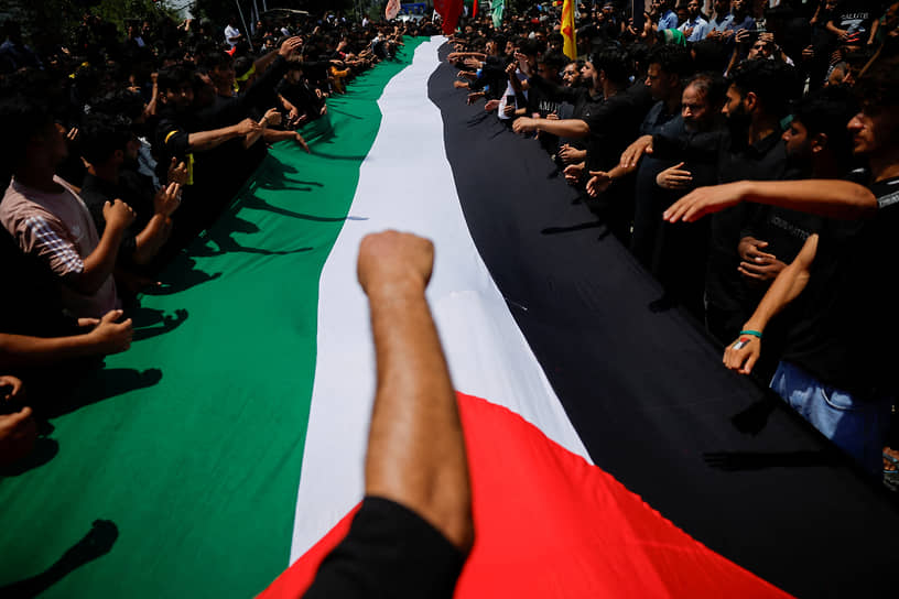 Сринагар. Шииты несут палестинский флаг в знак солидарности с сектором Газа во время шествия перед праздником Ашура