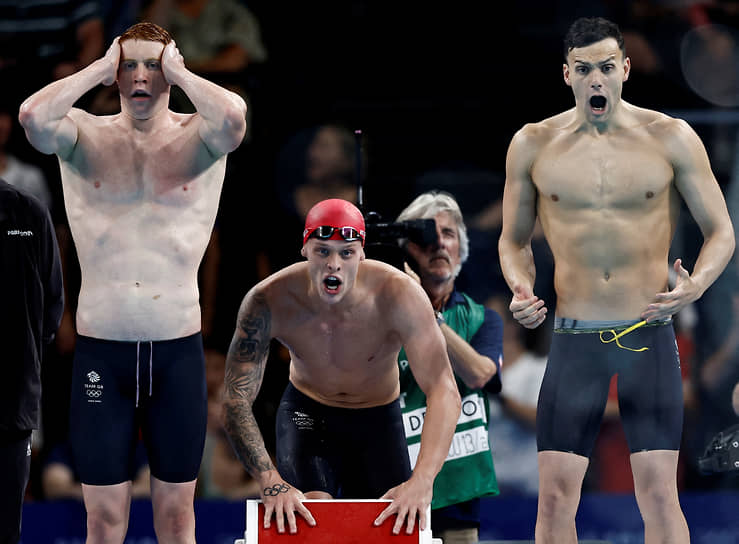 Британские пловцы Джеймс Гай, Томас Дин и Мэттью Ричардс,  завоевавшие золото в эстафете 4x200 м вольным стилем