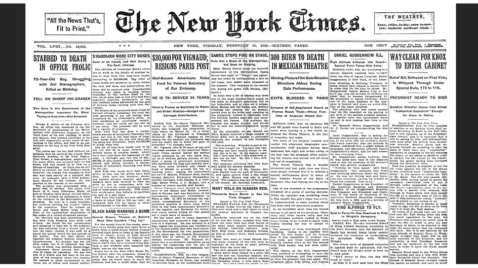 Статья о происшествии с ластиком на первой полосе газеты The New York Times от 16 февраля 1909 года