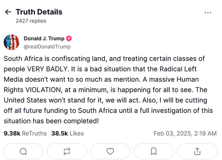 Вскоре после возвращения в Белый дом Дональд Трамп вернулся к вопросу о положении белых фермеров в ЮАР