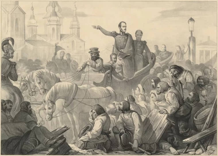 «Император Николай I во время холерного бунта на Сенной площади в 1831 году»
