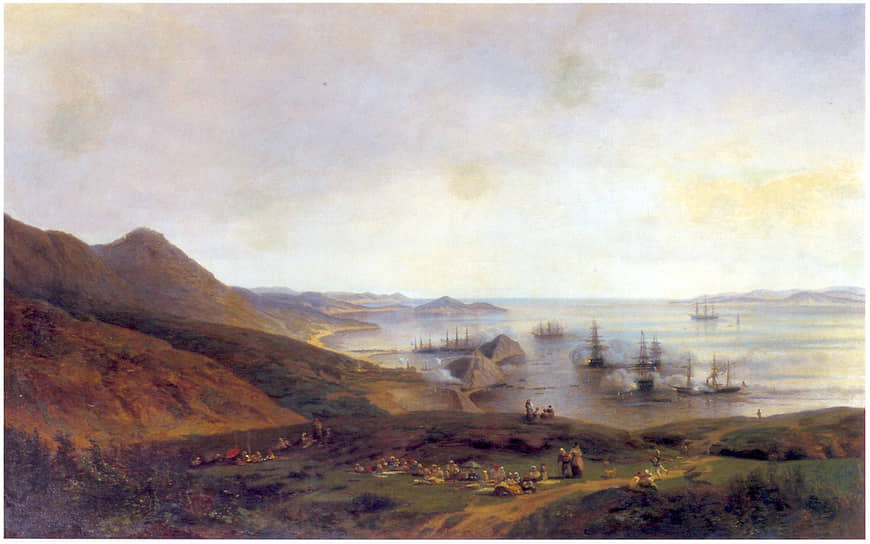 Алексей Боголюбов. «Оборона Петропавловского Порта», 1896. В ходе Крымской войны британская эскадра в 1854 году атаковала Петропавловск-Камчатский. Если бы не расторопность капитана Невельского и губернатора Муравьева, неизвестно, в чьих руках оказался бы Амур