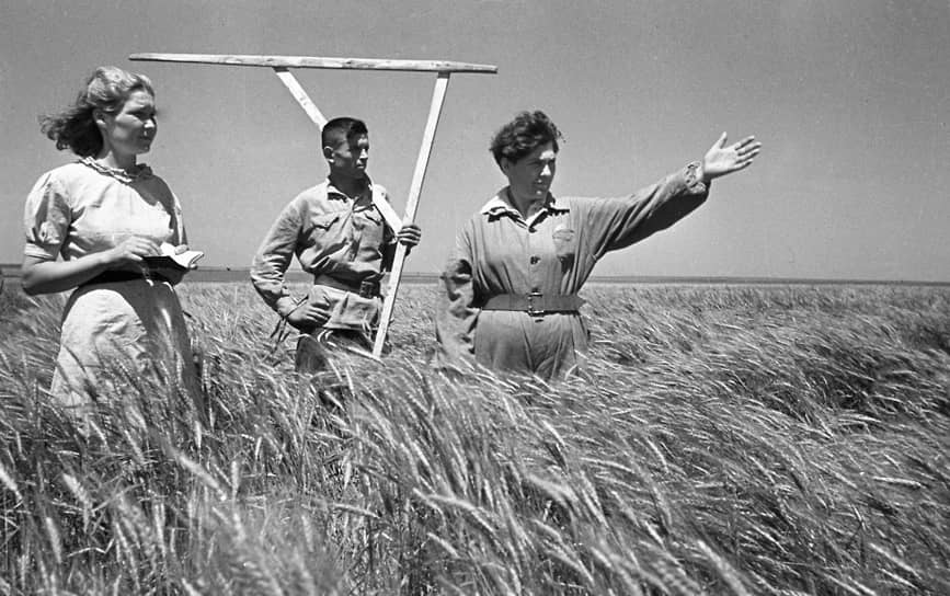Прасковья Ангелина, известная всей стране как Паша (справа), чаще появлялась в поле за рулем трактора, чем просто пешком в обществе подруг-механизаторов
