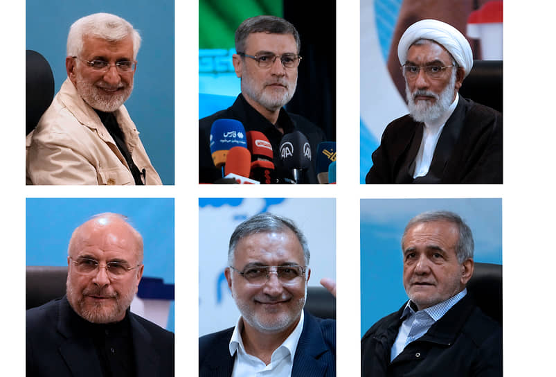 Шесть кандидатов примут участие в досрочных президентских выборах в Иране 28 июня: верхний ряд справа налево — Мустафа Пурмохаммади, Газизаде Хашеми и Саид Джалили, нижний ряд справа налево — Масуд Пезешкиян, Алиреза Закани и Мохаммад Багер Галибаф