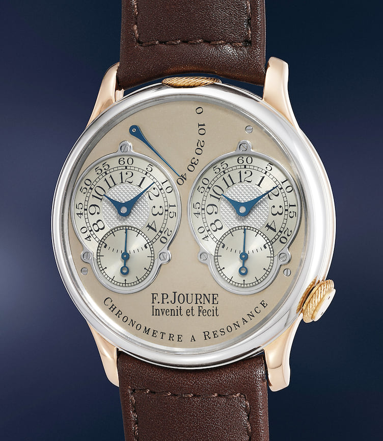 F.P.Journe Chronometre a Resonance «Souscription», 2000 год — CHF 1 040 000. Модель из платины и розового золота с двойным спуском под порядковым номером «14» в лимитированной серии из 20 экземпляров.