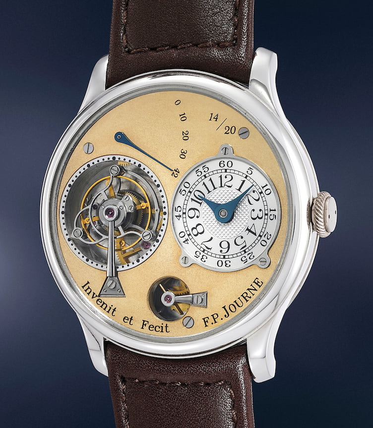 F.P.Journe Tourbillon Souverain «Souscription», 1999 год — CHF 1 400 000. Платиновая модель с турбийоном и ремонтуаром постоянной силы под порядковым номером «14» в лимитированной серии из 20 экземпляров.