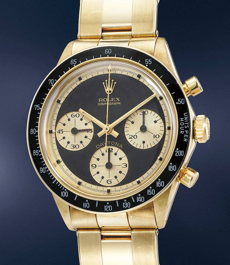 Rolex Cosmograph Daytona «Paul Newman John Player Special», около 1969 года — CHF 1 040 000. Хронограф в корпусе из желтого золота на браслете с циферблатом «Paul Newman John Player Special».