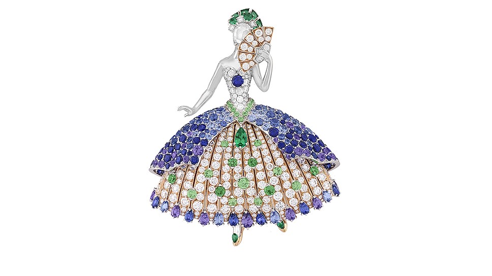 Van Cleef &amp; Arpels, брошь Princesse Hemera, белое золото, синие и фиолетовые сапфиры, фавориты, бриллианты