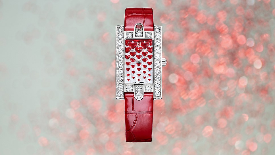 Harry Winston, часы Avenue Classic Sweet Valentine, белое золото, красный перламутр, бриллианты, кварцевый механизм