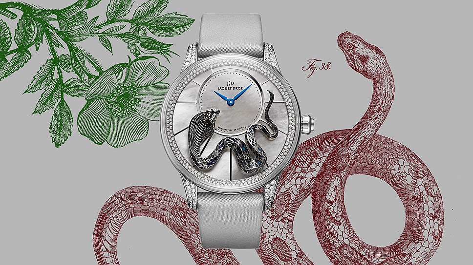 Jaquet Droz, часы Petite Heure Minute Relief Snake, белое золото, перламутр, бриллианты