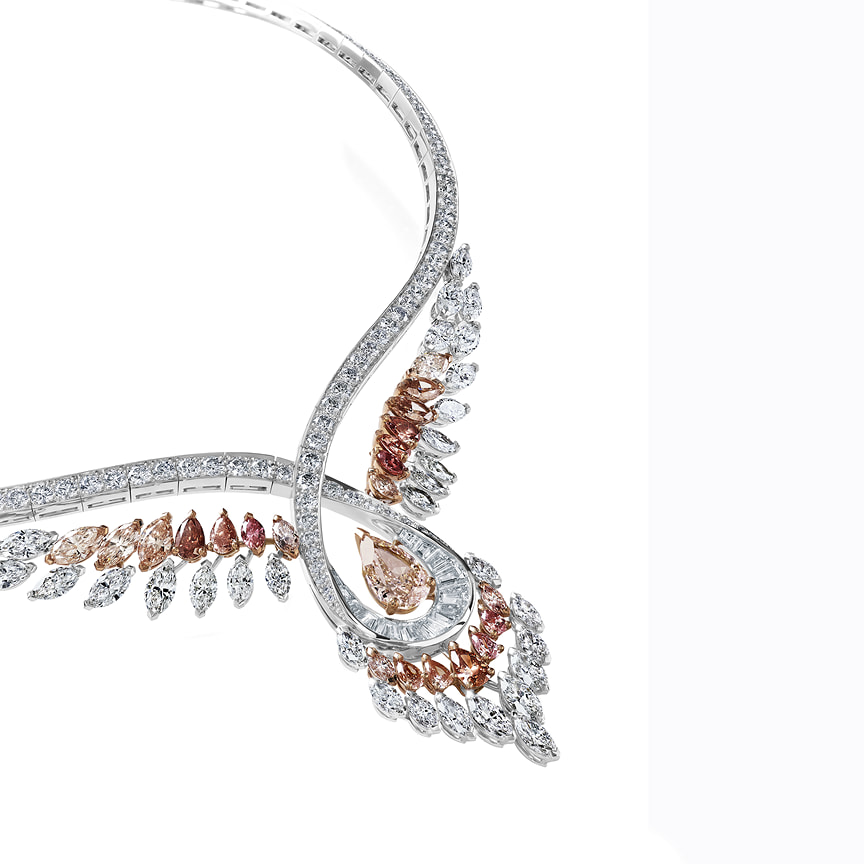 De Beers, колье Greater Flamingo, белое золото, розовые и белые бриллианты