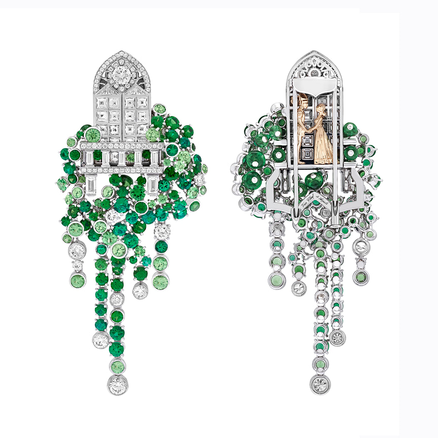 Van Cleef &amp; Arpels, брошь Balcone, белое и розовое золото, изумруды, цавориты, бриллианты