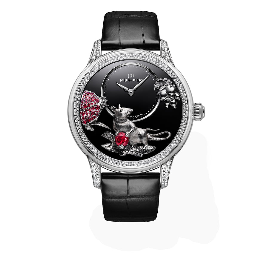 Jaquet Droz, часы Petite Heure Minute, 41 мм, белое золото, оникс, рубины, бриллианты