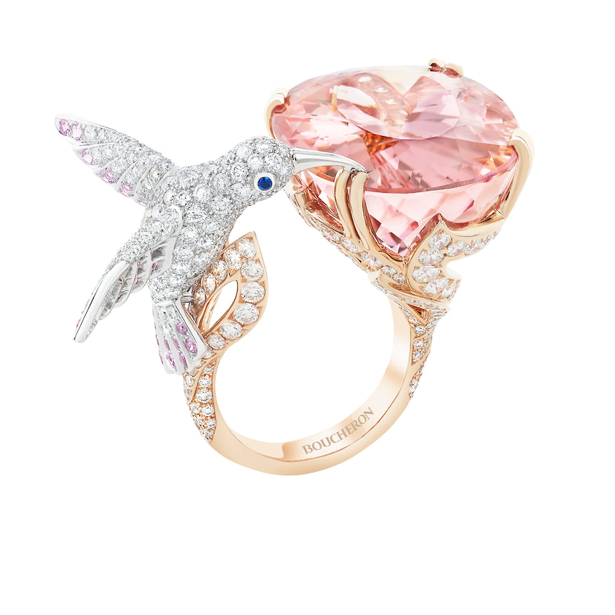 Boucheron, кольцо Hopi Hummingbird, белое и розовое золото, морганит, сапфиры, бриллианты