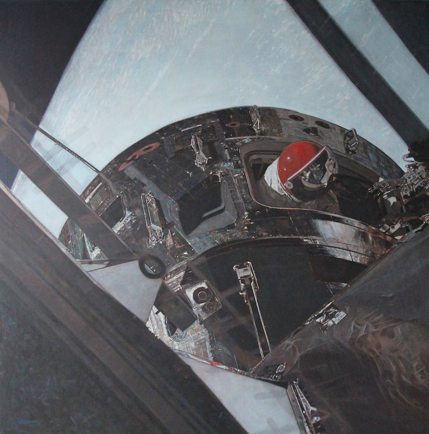 Настя Миро «Red for Apollo». Аполлон-9 – одна из моих любимых миссий подготовки полета на Луну. И точно самая стильная. Кстати, это Дэвид Скотт вылезает из люка. Он специально приезжал посмотреть на эту работу на ярмарку Scope в Майами в 2019 году.