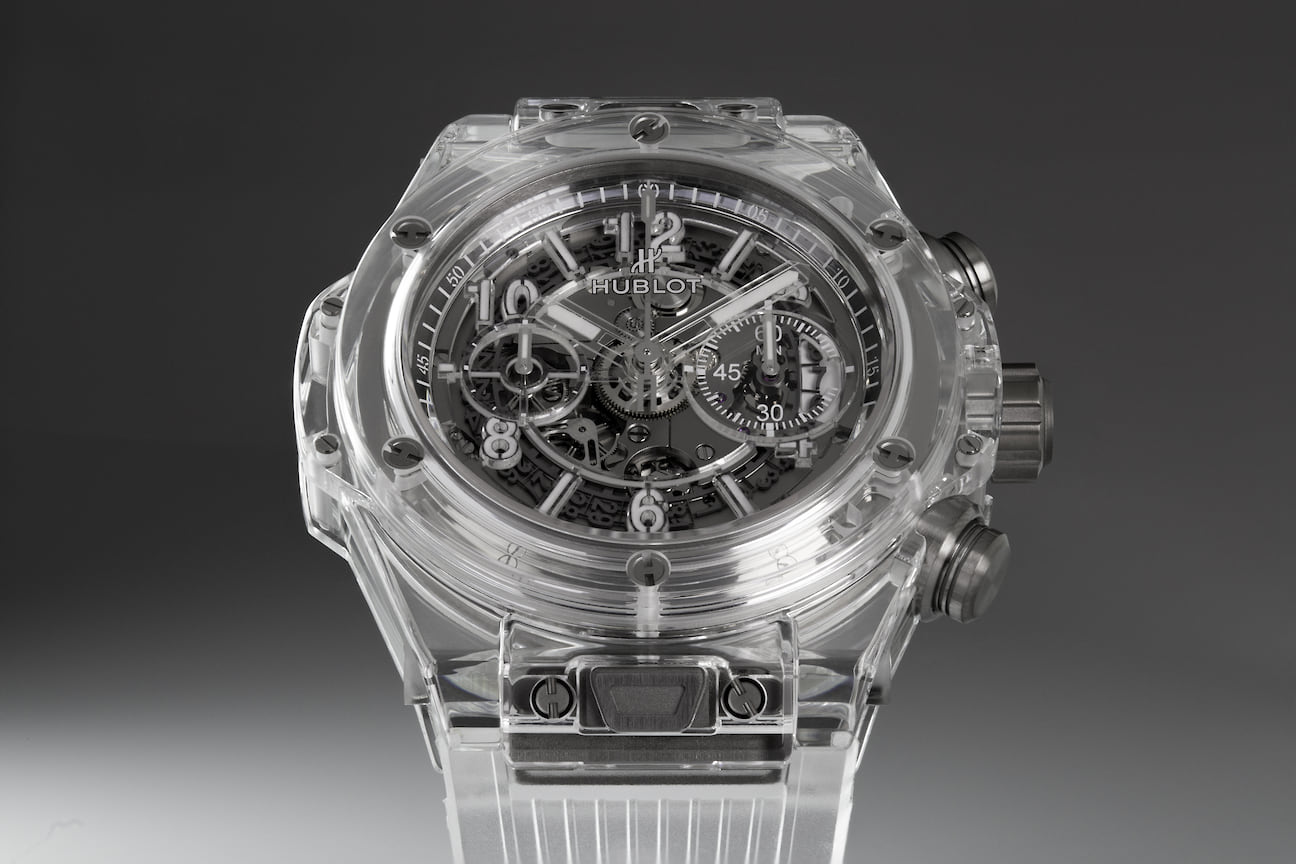 Hublot, часы Big Bang Unico Sapphire, 45 мм, сапфир, мануфактурный механизм с автоматическим подзаводом, запас хода 72 часа, ограниченная серия в 500 экземпляров – первые часы Hublot в полностью сапфировом корпусе