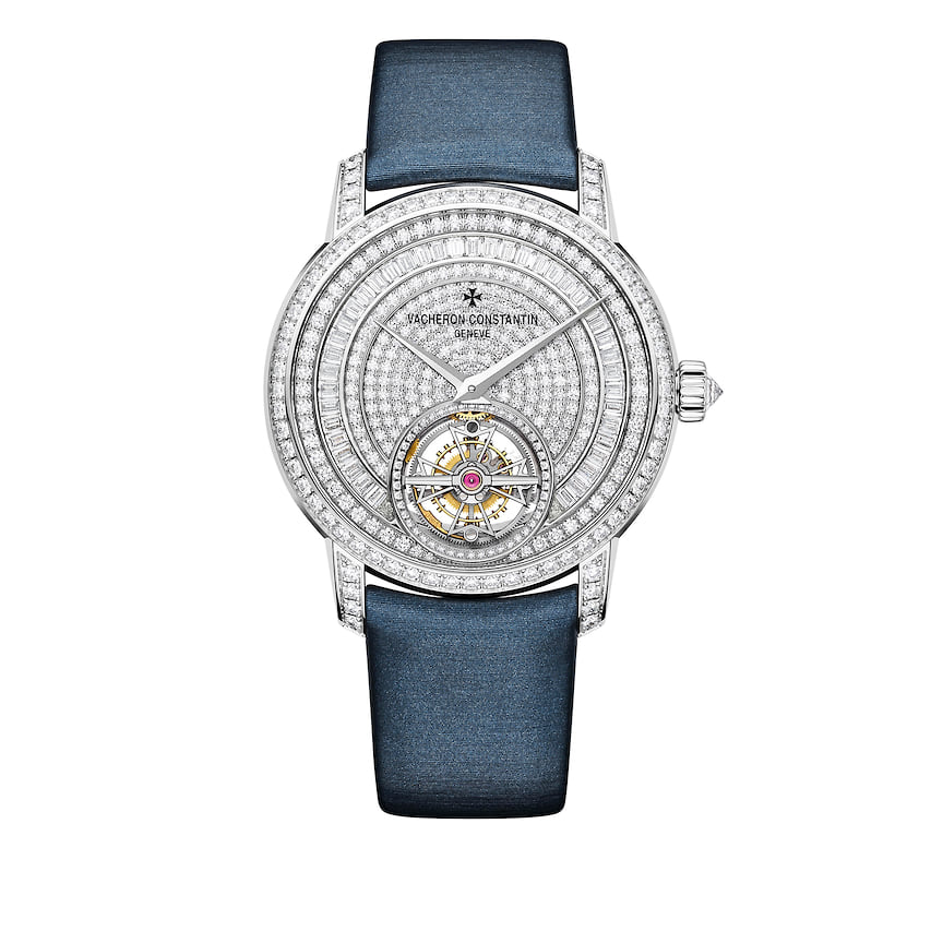 Vacheron Constantin, часы Traditionelle Tourbillon, 39 мм, белое золото, бриллианты, механизм с автоматическим подзаводом, запас хода 80 часов