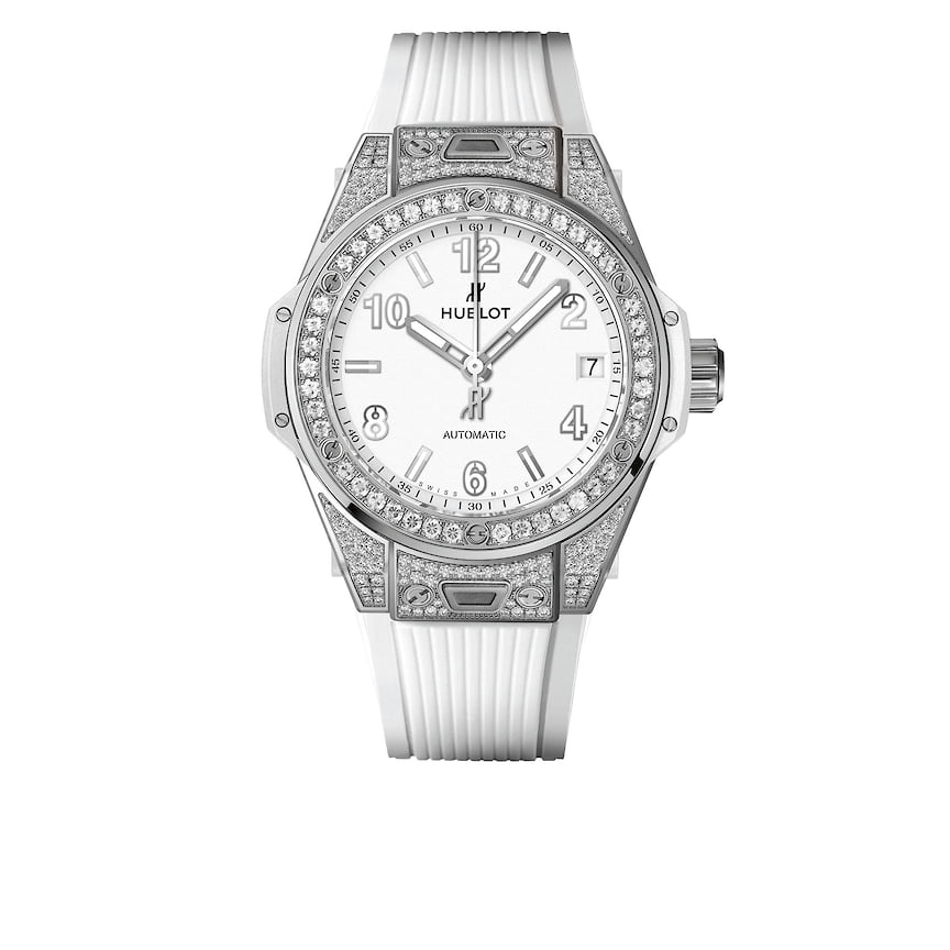 Женские часы Hublot Big Bang One Click Steel White Pave, 39 мм, сталь, бриллианты, механизм с автоматическим подзаводом, каучуковый ремешок, 1 713 800 руб, tsum.ru