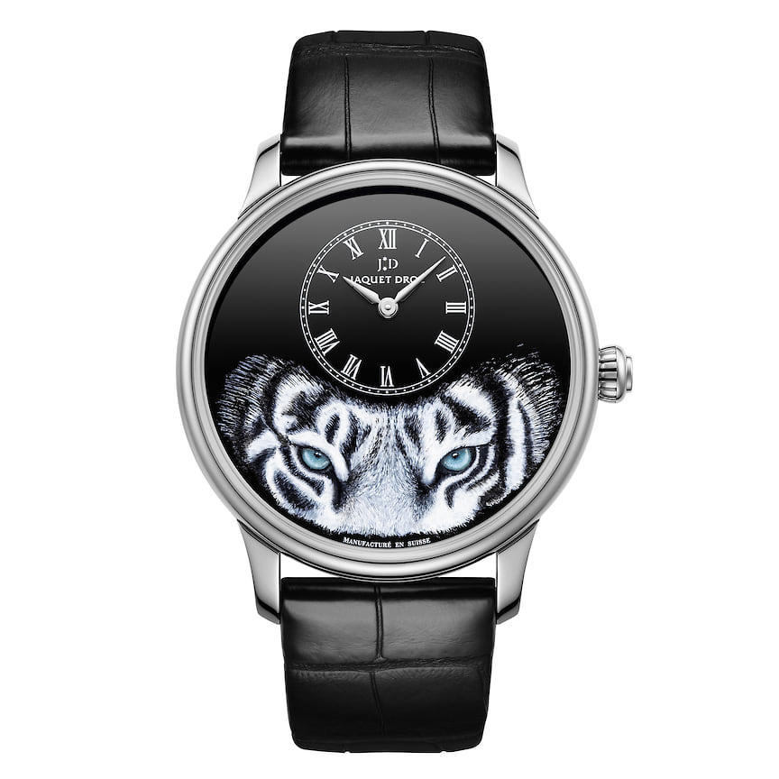 Jaquet Droz, часы Petite Heure Minute “Tiger”, 43 мм, белое золото, горячая эмаль, механизм с автоматическим подзаводом, ограниченная серия в 28 экземпляров